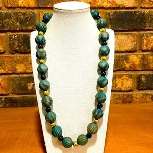 Green Wooden large beaded necklace with gold and black separator beads